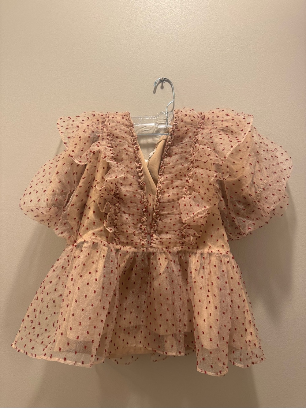entro Blush-Tan Ruffle Dot Peplum Top with Berry Accents
